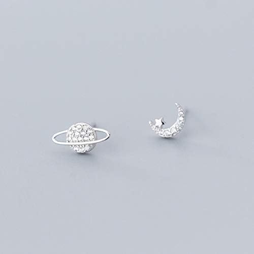 925 Sterling Silver Twinkling Cz Asymmetric Planet Star Moon Stud Earrings For Women Fine Sterling Silver Jewelry
