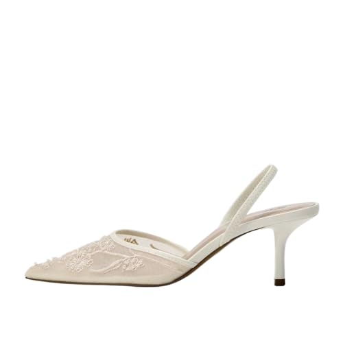 keleimusi Women's Mesh Floral Embroidered Slingback Heels with Pearl Studded Pointed Toe Lace Heeled Sandals Backless Slip On Kitten Heel Pumps Wedding Party Shoes2