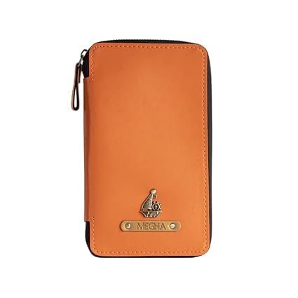 Image of TRAVELSLEEK Personalized Leather Passport Holder | Custom Travel Wallet with Zipper, Name & Charm | Durable Genuine Leather Organizer for Travel Documents & Cards (Orange)