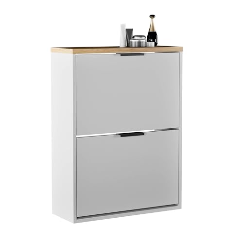 Planetmöbel Schuhschrank schmal mit 2 Klappen platzsparender Schuhregal mit 4 Ablagen, Schuhkommode für Diele, Flur, Garderobe 60 x 23 x 80,5 cm, weiß grau Planetmöbel Schuhschrank schmal mit 2 Klappen platzsparender Schuhregal mit 4 Ablagen, Schuhkommode für Diele, Flur, Garderobe 60 x 23 x 80,5 cm, weiß grau