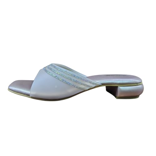 Image of Women's Rhinestone Embellished Block Heel Sandals | Elegant Open Toe Slip-On Heels | Cushioned Metallic Footbed | Lightweight Party & Occasion Footwear