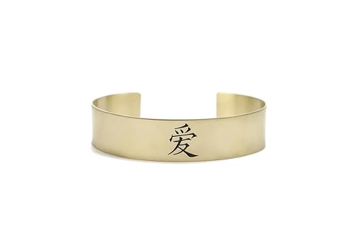 Bracelet manchette or 14k gravé kanji japonais jonc ouvert mixte