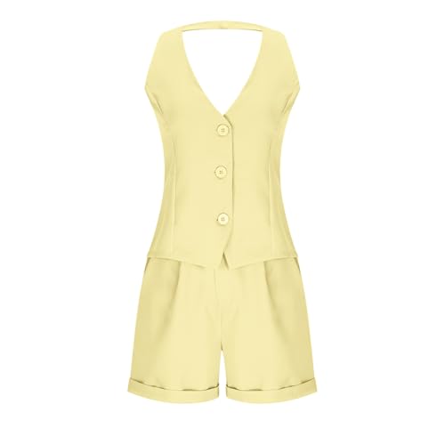 Women's Halter Blazer Vest Formal Business Dress Suits V-Neck Vintage Waistcoats and Flat Front Shorts Sets4