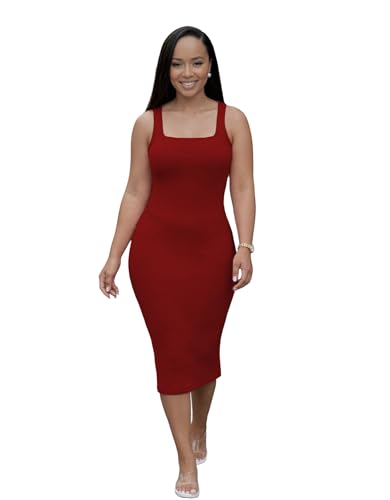 Image of TOPSRANI Women Sexy Midi Dress Bodycon Casual Sleeveless Basic Ruched Tank Summer Club Party Dresses