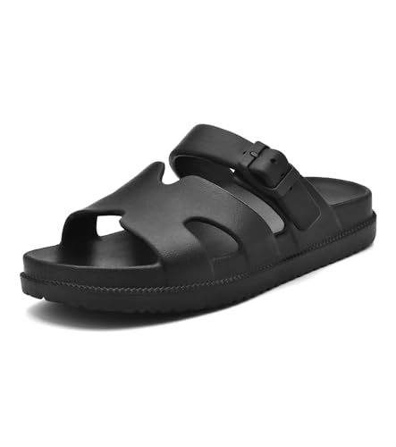 Women's Flat Sandals with Arch Support, Summer Beach Slides Adjustable Buckle, Comfort Lightweight Cushion Slip on H-Strap Sandal