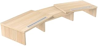 FITUEYES Dual Monitor Stand with 2 Extra Phone Holder, Wood PC Laptop Computer Screen Riser, 3 Shelf Swivel Length Adjustable, Home Office Supplies Desk Organzier, Max Load 25kg,Oak