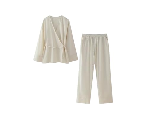 Women Two Piece Set Solid Lace Up Loose Coats & Vintage High Elastic Waist Trousers Sets - Main Image