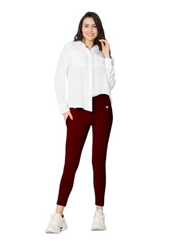 Image of VSTAR PL02 Women Ankle Length Stretchable Slim Fit Leggings with Secured Side Pocket | Moisture-Wicking | Soft Waistband & Cotton-Elastane Fabric | L | Wine red