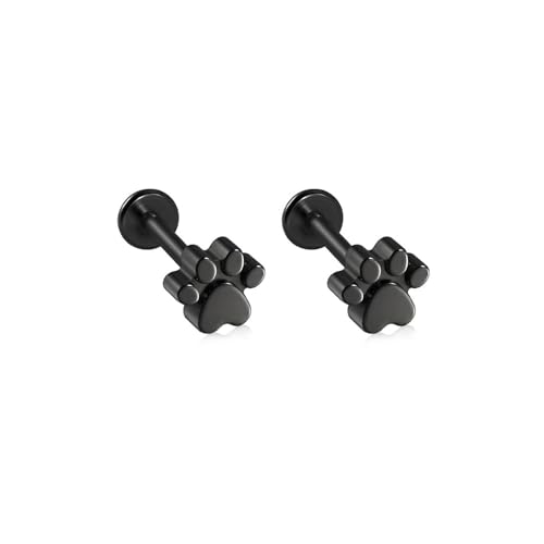 Niaspi 2Pcs 16G Stainless Steel Paw Cartilage Stud Earrings for Women Paw Print Flat Back Earrings Studs Labret Monroe Lip Rings Conch Helix Tragus Piercing Jewelry (Black)