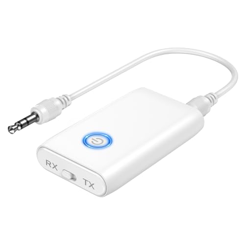 ORIA Adaptador Bluetooth 5.3, 2 en 1 Adaptador Auxiliar Bluetooth Jack 3.5mm, Receptor de Audio con Reducción de Ruido para Automóviles, Altavoces, Sistemas Estéreo y Auriculares   Blanco