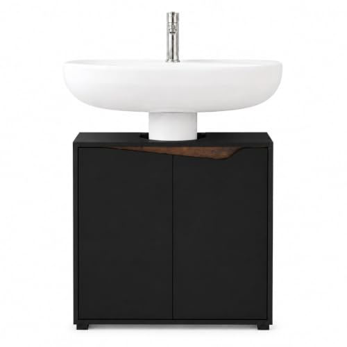 Image of URBNLIVING 2 Door Under Sink Pedestal Bathroom Cabinet, Black & Rustic Oak