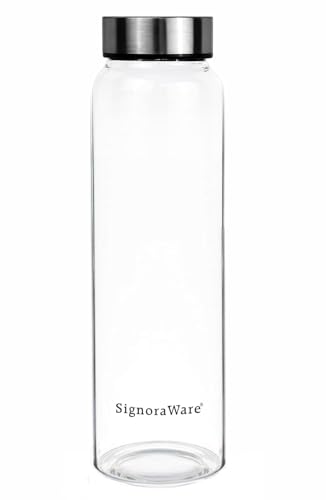 SIGNORA WARE Element Borosilicate Glass Bottle With Screw Cap | Microwave & Dishwasher Safe | Airtight & Leakproof | Ideal For Camping, Busy Office Days, Yoga Sessions & Travel Use ( Clear | 1 Ltr )