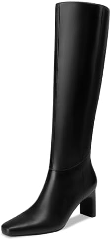 Athlefit Knee High Boots for Women Square Toe Chunky Heeled Tall Boots with Side Zipper