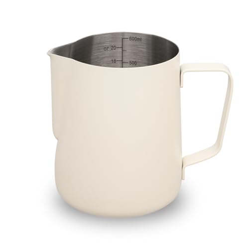 Image of watchget 20oz Milk Frothing Pitcher Stainless Steel Espresso Steaming Jug | Internal Scale, Milk Coffee Cappuccino Latte Art Barista Steam Pitchers,Barista Coffee Bar Accessories, 600ml, Creamy White