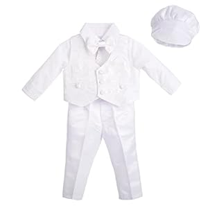 Dressy Daisy Baby Boys White Suit Christening Clothing with Bonnet Baptism Outfits Long Sleeve Floral