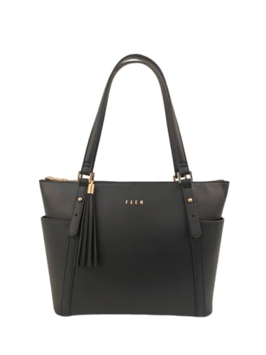 FEEN Bolsa Triracolo, Helena 109, Couro PU Textura Saffiano, 20 x 13,8 x 5,8 cm, Estilo Camera Bag com Tassel (Preto)