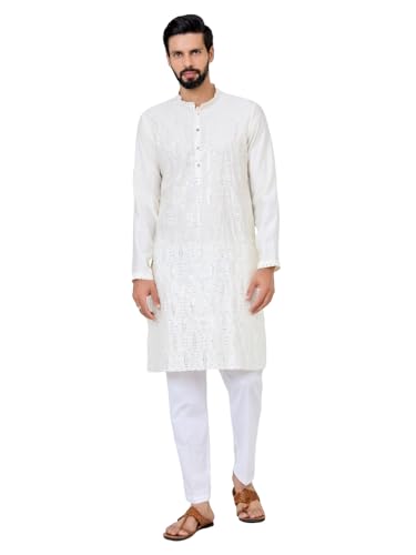 Image of See Designs Men's Full Sleeve Mandarin Collar Ethnic Motifs Embroidered Sequinned Mandarin Collar Straight Long Kurta with Pyjama - Festive Collection
