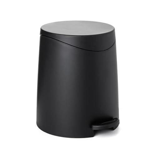 Image of Superio Mini Bathroom Trash Can with Lid 3 Liter, Plastic Waste Bin 0.75 Gallon, Modern Flat Lid Step On Trash Can with Foot Pedal, for Bathroom, Bedroom, Office, Under Desk, Soft Close (Black)