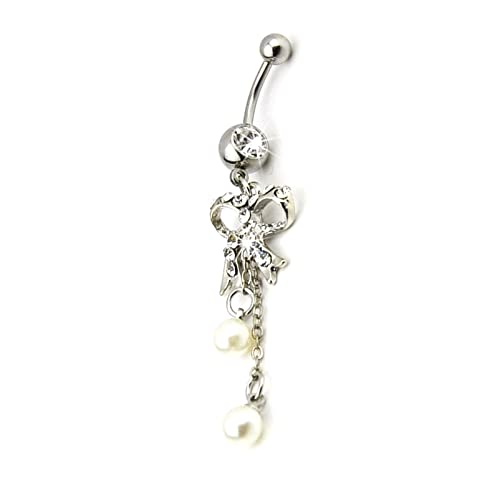 Lenacou Bow Belly Button Rings Pearl Silver 14G Surgical Stainless