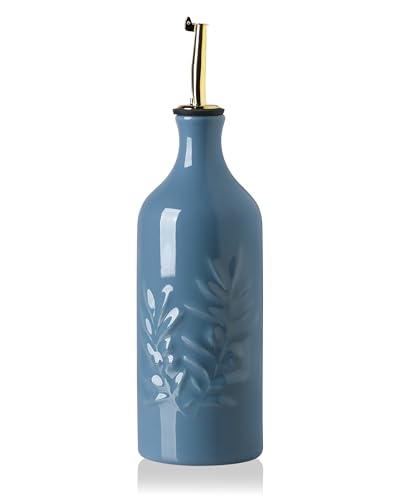 Sweejar Ceramic Olive Oil Dispenser Bottle 20 Oz Relief Opaque Oil Cruet Protects To Reduce Oxidation Suitable for Storage Vinegar, Soy Sauce, Coffee Syrup, Liquids, Set of 1 (Fogblue Gold Spout)