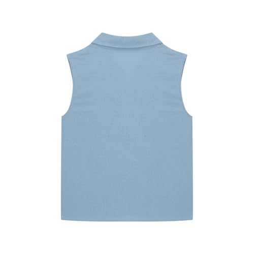 Kids Girls Cotton Linen Shirt Button Down Sleeveless Slim Solid Tank Top with Pocket Summer Casual Clothes4