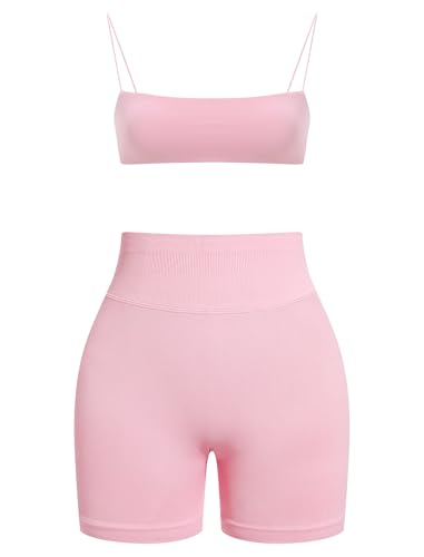 OMEWEE Workout sets for women 2 piece:Spaghetti Straps BacklessTop Bra and Anti-squat shorts for yoga Pink L — view 4