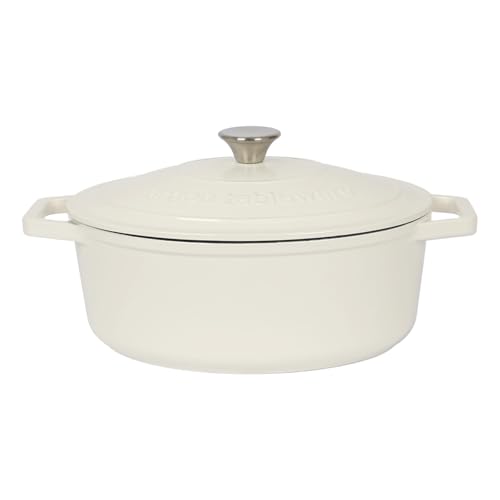 Argon Tableware 4.5L Oval Cast Iron Casserole Dish with Self-Basting Lid - Pebble Gloss - Induction Hob Cooking 4.75QT Dutch Oven Bread Baking Serving Roasting Stew Stock Pot Pan