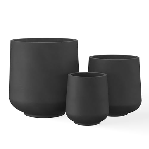 Image of Kante Set of 3 Black Concrete Curved Round Planters for Modern Home | Handcrafted, Premium, Durable, All-Weather Cement Pot, Drainage for Outdoor, Rubber Plug for Indoor Home, Anti-Frost & UV