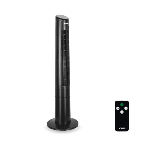 NORHES Qios Ventilador de Torre Digital Negro. Motor 45W. Control Remoto. Temporizador 1-12h y Oscilación 90º. Sin Aspas y Silencioso. 3 velocidades Altura 100 cm.