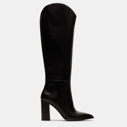 Knee High Black Boots - Women's Pointed Toe Tall Boots with 3.5 In Chunky High Heel & Pull On Faux Leather2