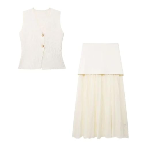 Women 2 Piece Set V-Neck Sleeveless Button Knitted Vest Top Elegant Splicing High Waist Zipper Long Skirts Holiday Suits