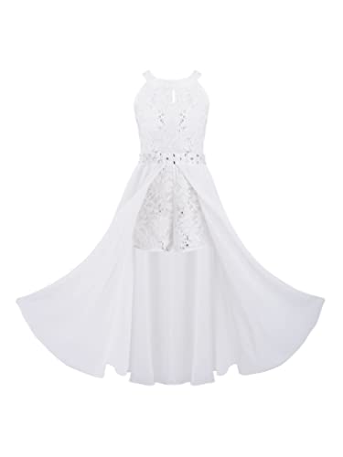 renvena Kids Flower Girls Dress Sleeveless Mock Neck Floral Lace Romper with Maxi Skirts Wedding Pageant Wear