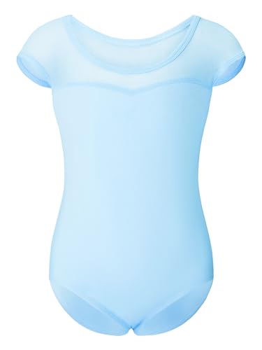 Stelle Girls Leotards for Dance Blue Mesh Short Sleeve Ballet Leotard Gymnastics Outfits(Blue 140)
