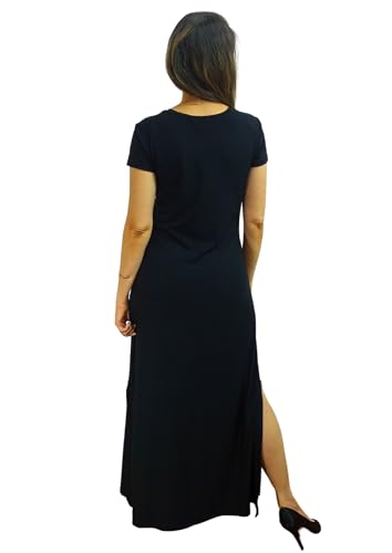 Vestido Longo De Malha Com Fendas, Bolsos E Manga Curta (BR, Alfa, G, Regular, Regular, Preto)