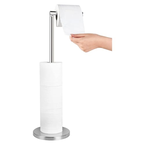 YUET Porta Carta Igienica da Terra con Portarotolo di Ricambio Supporto in Acciaio Inossidabile per 5 rotoli, Dispenser Rotoli WC Senza Forare, Porta Rotoli Cartaigienica in Piedi, Lucido