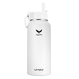 Vmini Water Bottle with New Wide Handle Straw Lid, Wide Mouth Vacuum Insulated 18/8 Stainless Steel, 32 oz, White Bottle & Lid