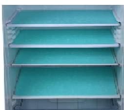 Image showing green Sona refrigerator mats placed on the shelves inside a refrigerator.