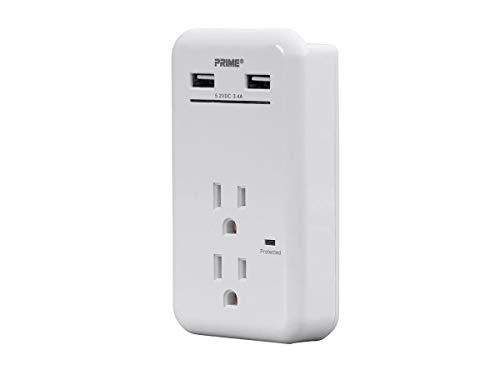 Monoprice 2 Outlet Power Surge Protector Wall Tap with 2 Built in 3.4A USB Charging Ports - White | ETL Rated 450 Joules with Red & Green Protected/Charging Light Indicators