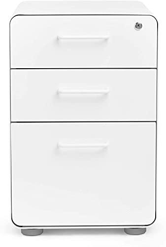 Poppin Stow 3-Drawer Rolling File Cabinet - White. 2 Utility Drawers And 1 Hanging File Drawer. Two Locking And Two Non-Locking Wheels. Powder-Coated Steel. Two Keys Included #TOP5