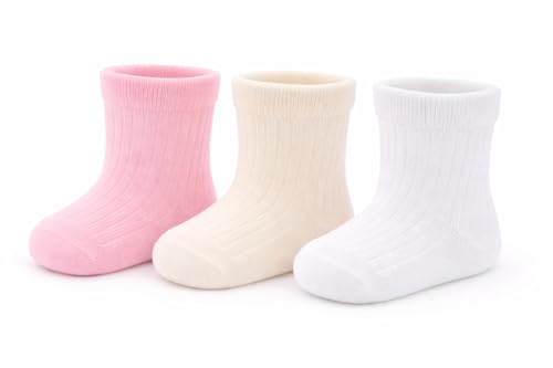 Image of SOHOBABY™ Soft Cute Breathable Cotton Rich Pack Of THREE Baby Girl Plain Coloured Socks (UK, Age, 6 Months, 12 Months, Pink White Cream)