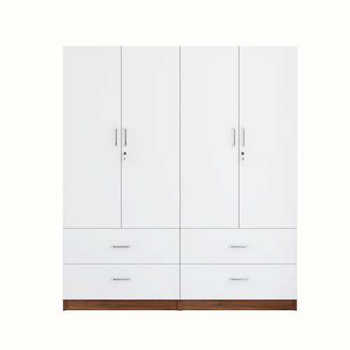 Image of VIKI Wardrobe |Wooden Almirah for 4 Door 4 Drawer with Shelves & Hanging Space Wardrobe (Walnut |White - 40D x 160W x 180.8H) | 1 Year Warranty | Free Assembly