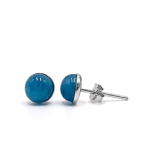 Natural 6mm stud earrings with white gold plated over sterling silver, bezel cabochon gemstone jewelry gift for her, Uniquelan jewelry