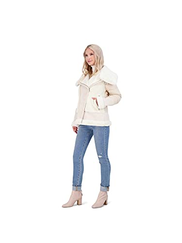 Tahari Saylor Women's Mixed Media Faux Shearling Puffer Coat Ivory Size S #TOP6