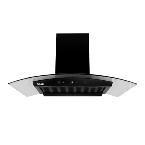 Image of Glen Chimney Curved Glass Filterless 90cm Motion Sensor Control With Digital Display | Auto Clean Wall Mounted Chimney (Black 1500 CMH)