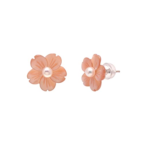 Freshwater Cultured Pearl Studs Hand Carved Shell Flower Earrings For Women, Pink #TOP7
