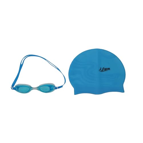 I-Swim Swimming Goggle and Cap Set | For Men & Women's | Material: Silicone | Protecting Hair from Chlorine | Anti-Fog, Leak-Proof Design with Comfortable Fit and UV Protection | Color: Blue
