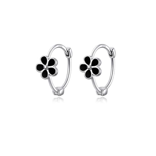 Reffeer Solid 925 Sterling Silver Daisy Flower Hoop Earrings Huggie for Women Earrings Black Flower Hoop Earrings Cartilage Helix Earrings (A-Silver)