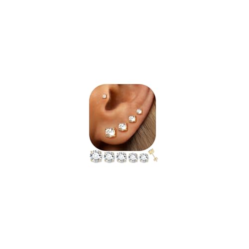 5 Pairs 14K Gold Plated Stud Earrings for Women, Hypoallergenic Earring Sets for Multiple Piercing, Premium Cubic Zirconia Studs Earrings for Women