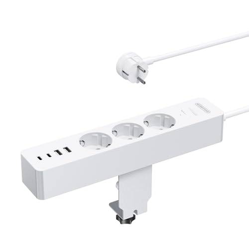 NTONPOWER Tischsteckdose mit USB-C, 3 Fach Steckdosenleiste Schreibtisch mit Schalter, 2 Meter Kabel, Mehrfachsteckdose Tisch 2500 Watt für Büro Office, Weiß