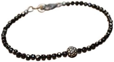 Black Spinel Pave Diamond Ball Bracelet, Genuine Diamonds, Oxidized Sterling Silver, Black Spinel Jewelry 7" Strand.